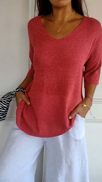 Solid Color Knitted V-neck Top