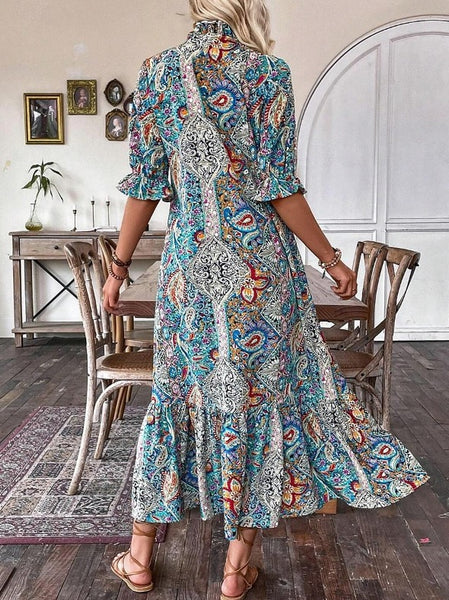 Colorful Paisley Shirred Waist Long Summer Dress