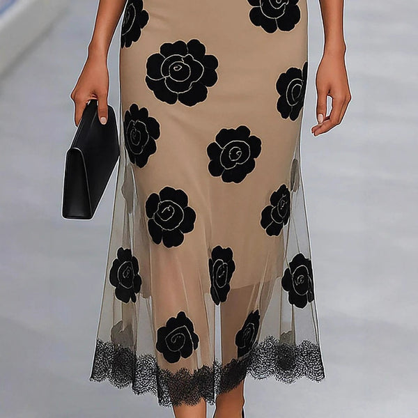 Elegant Lace Printed Midi Dress