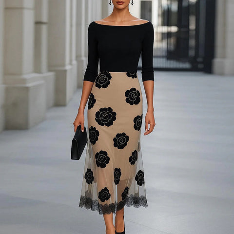 Elegant Lace Printed Midi Dress