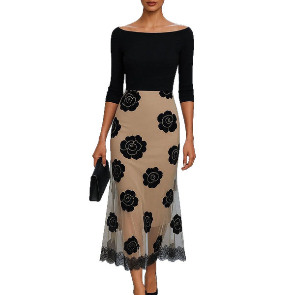 Elegant Lace Printed Midi Dress