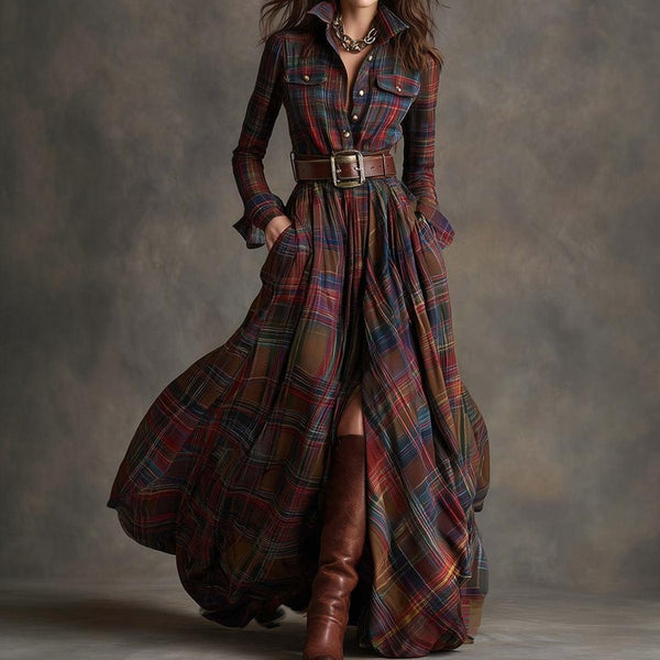 Trendy Check Maxi Shirt Dress With High Slit