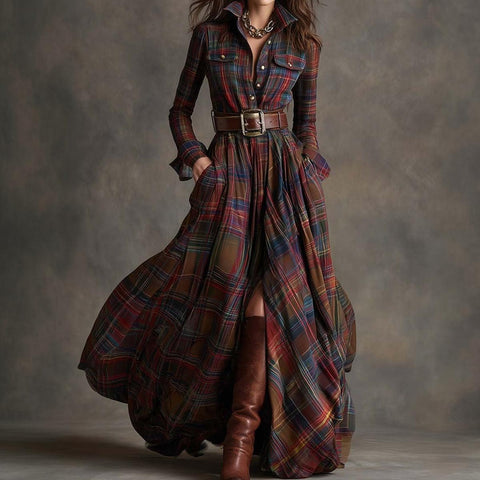 Trendy Check Maxi Shirt Dress With High Slit