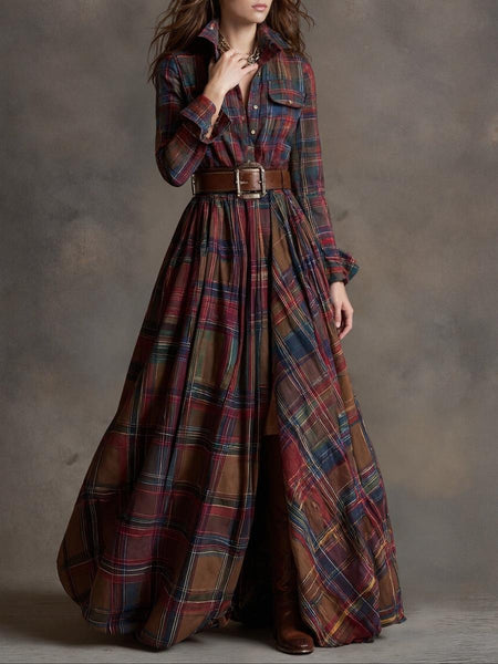 Trendy Check Maxi Shirt Dress With High Slit