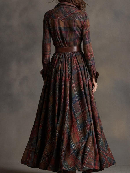 Trendy Check Maxi Shirt Dress With High Slit