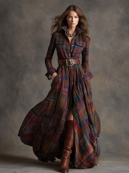 Trendy Check Maxi Shirt Dress With High Slit