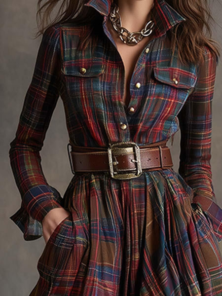 Trendy Check Maxi Shirt Dress With High Slit