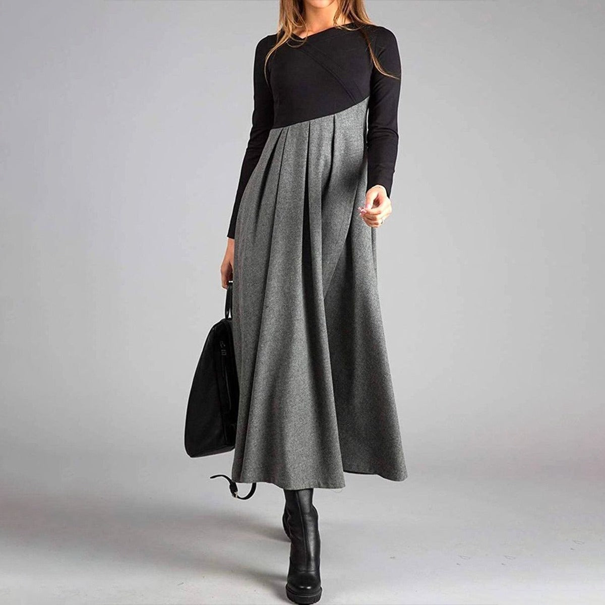 Grey Long Sleeve Color Block Maxi Dress