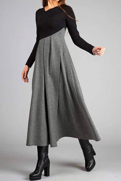 Grey Long Sleeve Color Block Maxi Dress