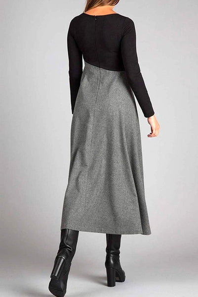 Grey Long Sleeve Color Block Maxi Dress