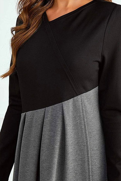 Grey Long Sleeve Color Block Maxi Dress