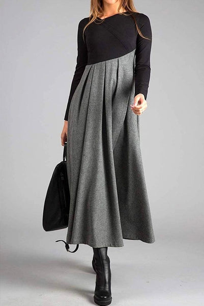 Grey Long Sleeve Color Block Maxi Dress