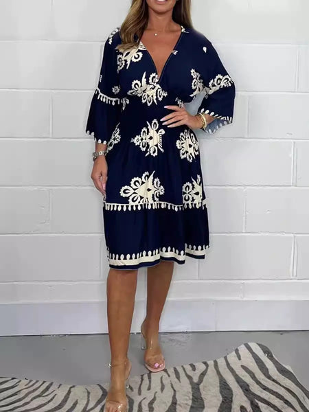 Printed V-neck 3/4 Sleeve Midi Dress