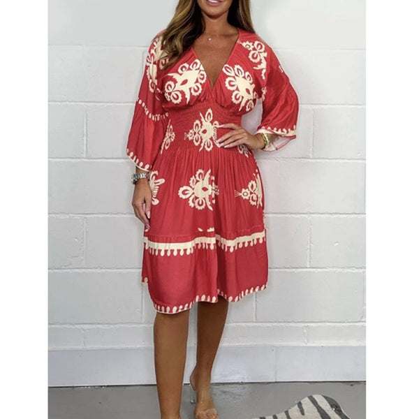 Printed V-neck 3/4 Sleeve Midi Dress