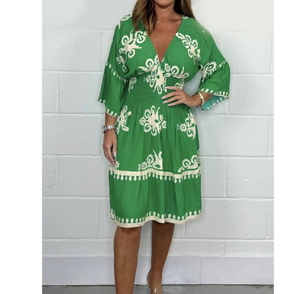 Printed V-neck 3/4 Sleeve Midi Dress