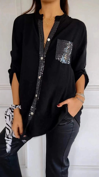 Casual cotton V-neck sequin half sleeve top