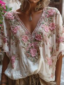 Bohemian-style Pink Floral Embroidery V-neck Short-sleeved Shirt
