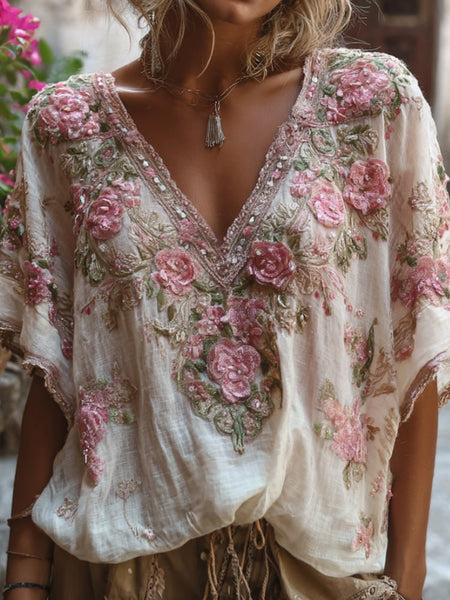 Bohemian-style Pink Floral Embroidery V-neck Short-sleeved Shirt
