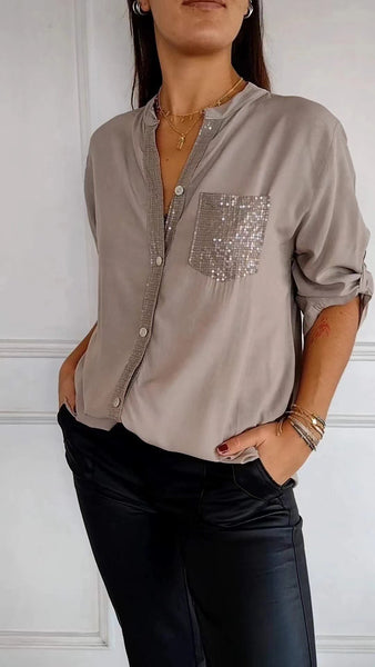 Casual cotton V-neck sequin half sleeve top