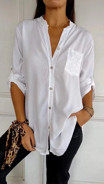 Casual cotton V-neck sequin half sleeve top