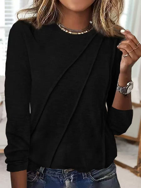 Crew Neck Pleated Long Sleeve Top