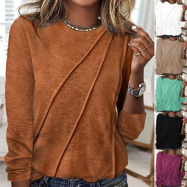 Crew Neck Pleated Long Sleeve Top