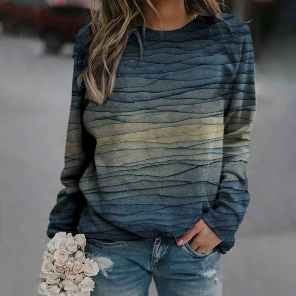 Rendered Print Long Sleeve Crew Neck Sweatshirt Top