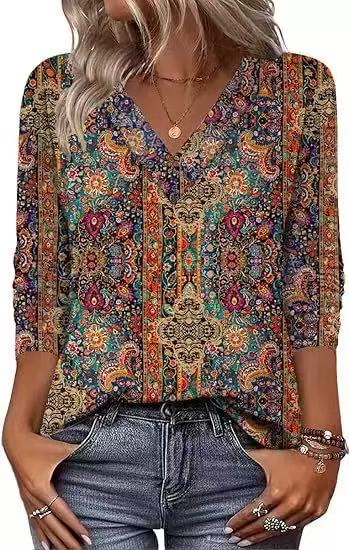 Boho Loose Printed V-neck Top