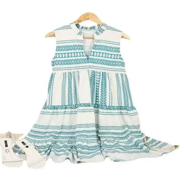 V-neck Geometric Print Sleeveless Dress