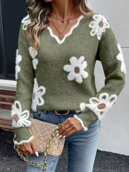 Knitted Floral V-neck Sweater
