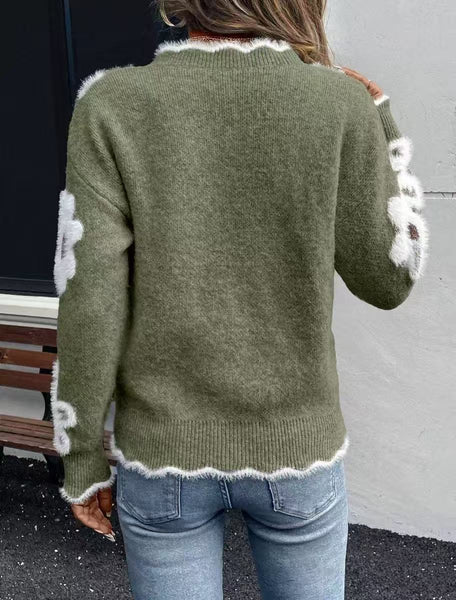 Knitted Floral V-neck Sweater