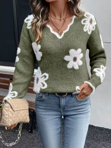 Knitted Floral V-neck Sweater