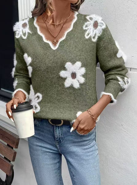 Knitted Floral V-neck Sweater