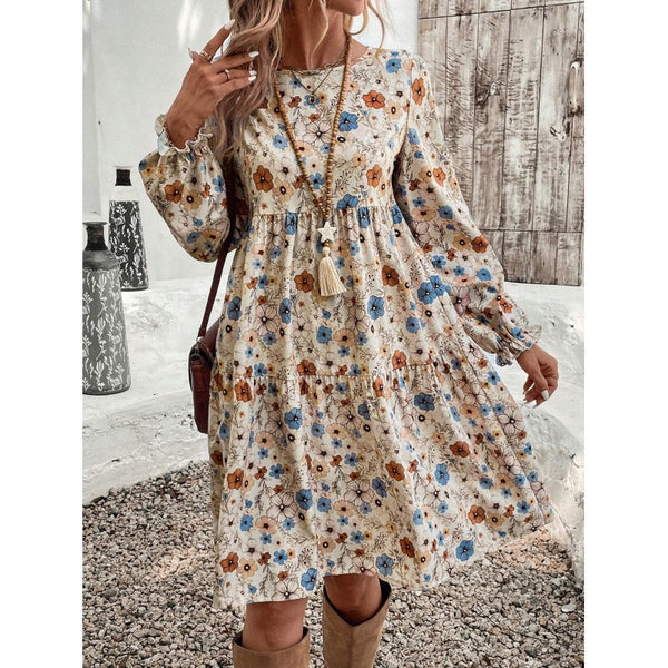 French-style Elegant Printed Lantern Sleeve Dress