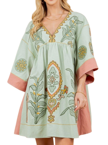 Bohemian Floral Print 3/4 Sleeve Dress