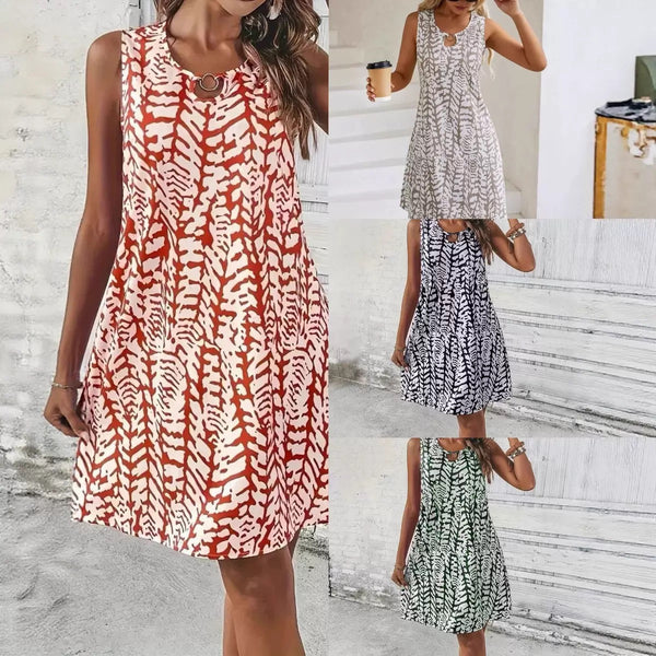 Printed Ring Sleeveless Resort Casual Mini Dress