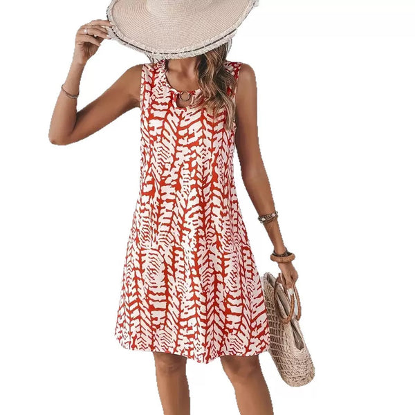 Printed Ring Sleeveless Resort Casual Mini Dress