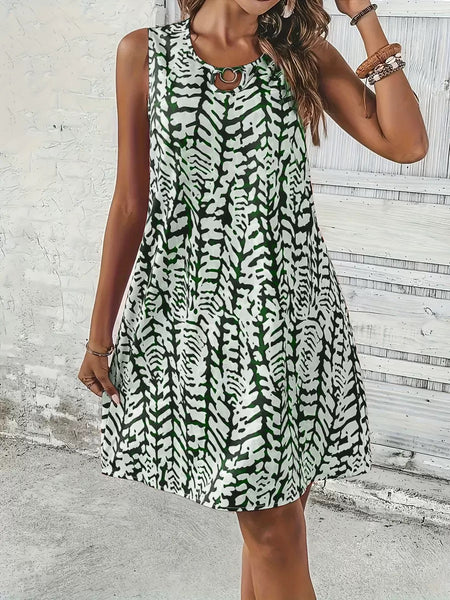 Printed Ring Sleeveless Resort Casual Mini Dress