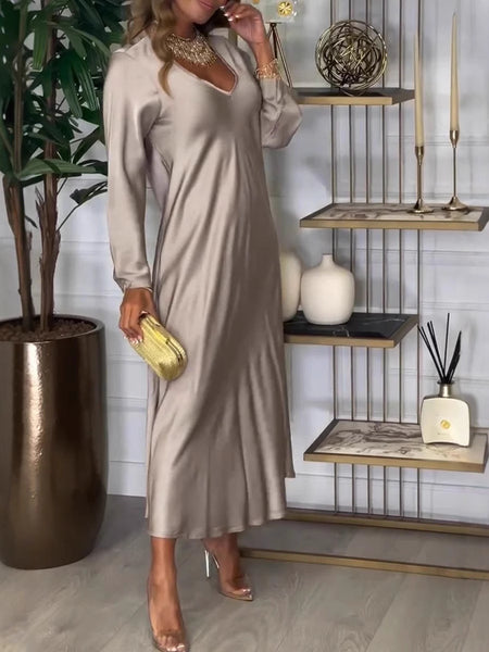 Women's V-neck Long-sleeved Satin Dress