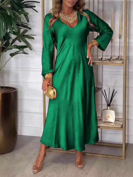 Women's V-neck Long-sleeved Satin Dress