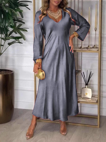 Women's V-neck Long-sleeved Satin Dress