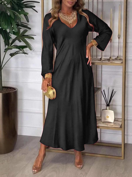 Women's V-neck Long-sleeved Satin Dress