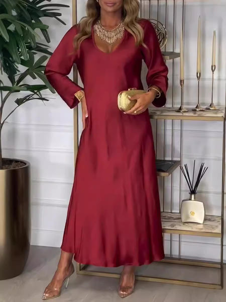 Women's V-neck Long-sleeved Satin Dress