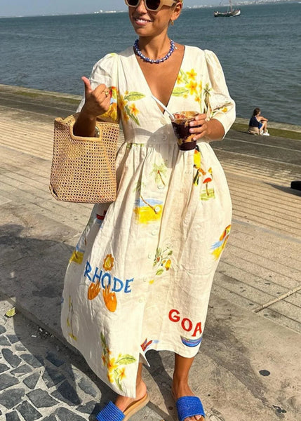V-neck Floral Mediterranean 3/4 Sleeve Dress