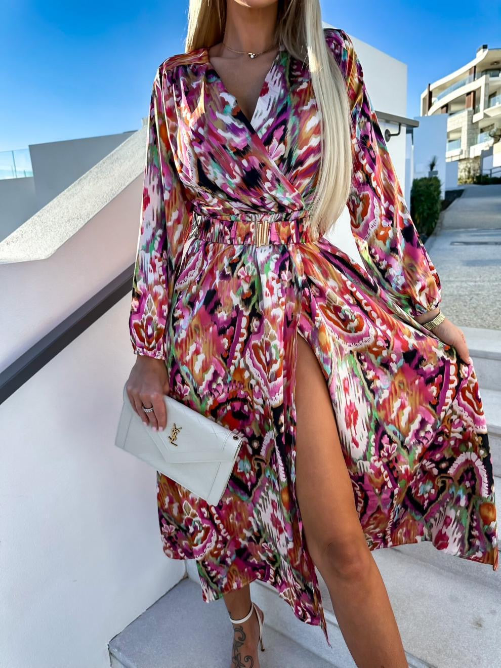 Women's Printed Long Sleeve V-Neck Slit Dress