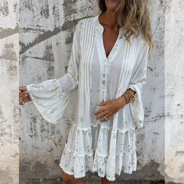 Fashionable Gold Foil Trumpet Lace Sleeve Dress