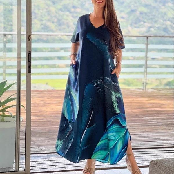 Loose Casual V-Neck Printed Short Sleeve Dresses