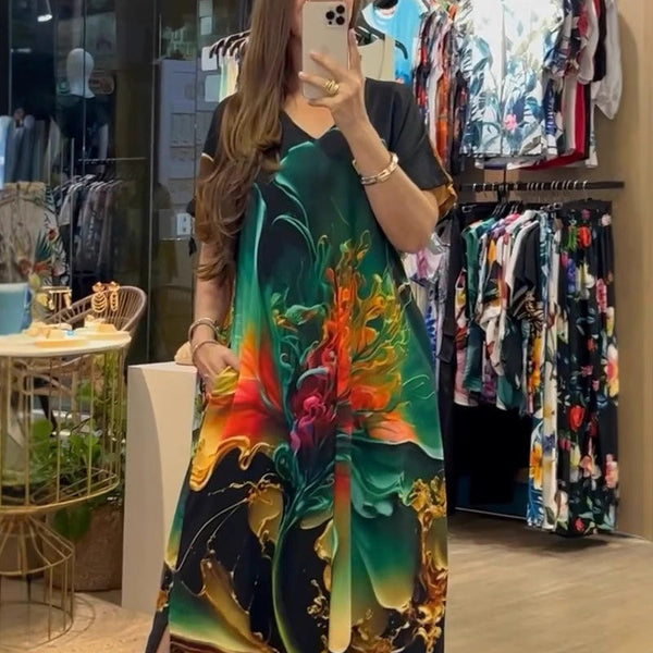 Loose Casual V-Neck Printed Short Sleeve Dresses