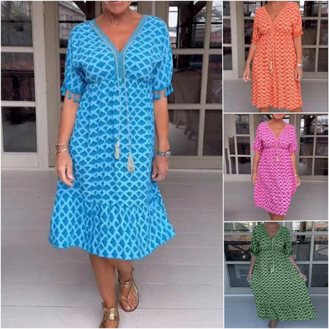 V-neck Tassel Edge Sleeve Print Midi Dress