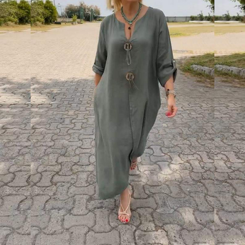 Casual V-neck Cotton and Linen Dress